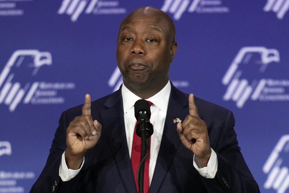 Republican presidential candidate Sen. Tim Scott, R-S.C., speaks at an annual leadership meeting of the Republican Jewish Coalition, Saturday, Oct. 28, 2023, in Las Vegas. (AP Photo/John Locher)