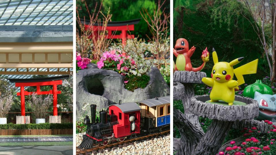 Exhibits include torii gates from Japan, a toy train that circles a miniature Mount Fuji and Pokémon figurines, such as Bulbasaur, Charmander, and Pikachu.