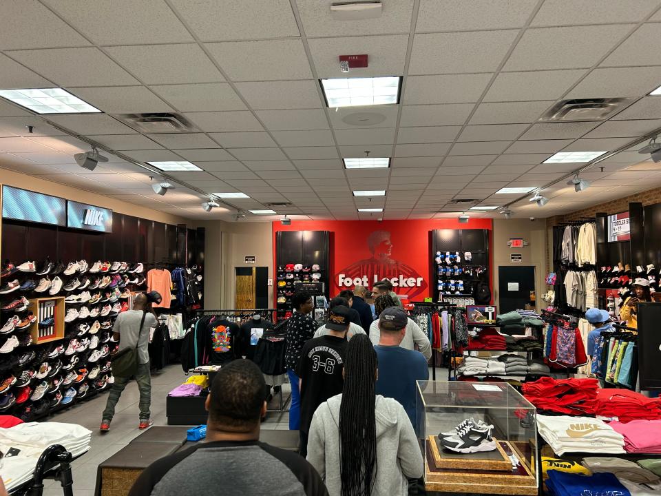 Customers line up at the Foot Locker inside Oak Court Mall to purchase a pair of Ja Morant's first signature shoes on April 19, 2023.