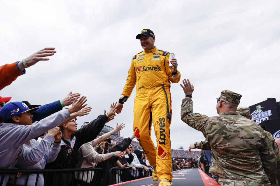 NASCAR Cup Series driver William Byron is introduced before a NASCAR Cup Series auto race at Talladega Superspeedway, Sunday, April 21, 2024, in Talladega. Ala. (AP Photo/Butch Dill)