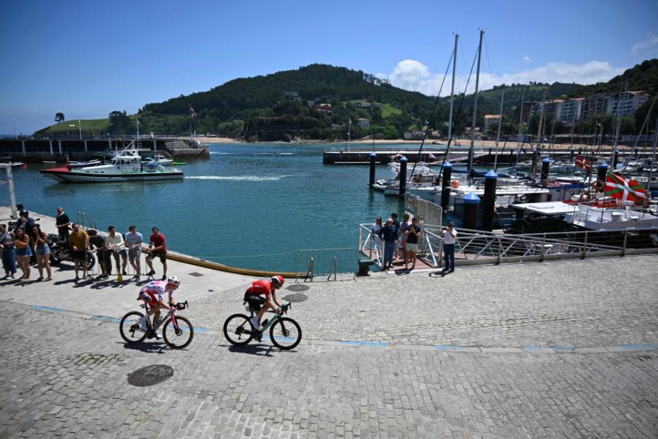 US Neilson Powless of EF EducationEasyPost and French Laurent Pichon of ArkeaSamsic pictured in action during the third stage of the Tour de France cycling race a 1874 km race from AmorebietaEtxano to Bayonne France Monday 03 July 2023 This years Tour de France takes place from 01 to 23 July 2023 BELGA PHOTO JASPER JACOBS Photo by JASPER JACOBS  BELGA MAG  Belga via AFP Photo by JASPER JACOBSBELGA MAGAFP via Getty Images