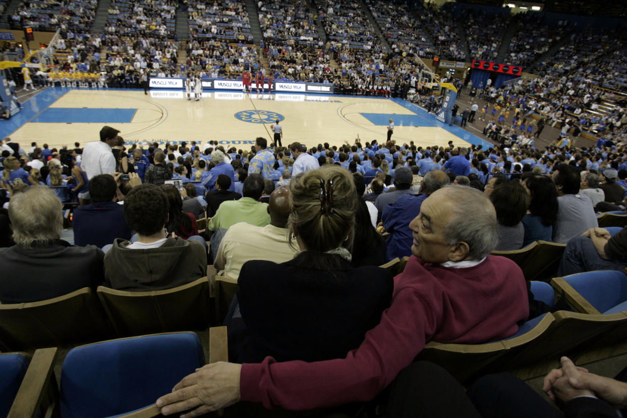 JANUARY 15, 2009 – LOS ANGELES, CA: Sonny Vaccaro before the start of the UCLA–Arizona basketball game at Pauley Pavilion on January 15, 2008. He is sitting with wife Pam.  (Photo by Gary Friedman/Los Angeles Times via Getty Images)