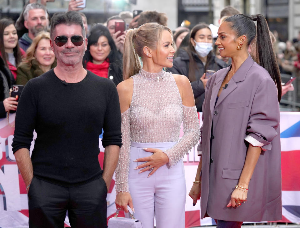 Judges Simon Cowell, Amanda Holden and Alesha Dixon arrive for Britain's Got Talent auditions held at The London Palladium, Soho, in London. Picture date: Thursday January 20, 2022. (Photo by Steve Parsons/PA Images via Getty Images)