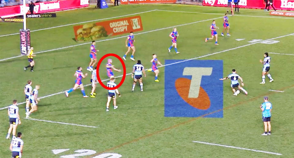 Seen here, Kalyn Ponga winning a blockers penalty against the Sharks. 