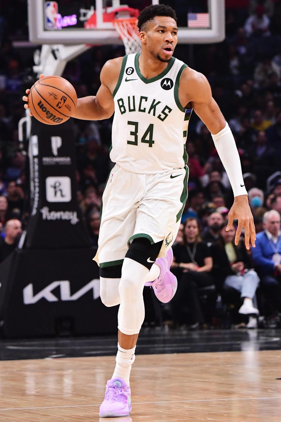 Giannis Antetokounmpo #34 of the Milwaukee Bucks dribbles the ball during the game against the LA Clippers on February 10, 2023 at Crypto.Com Arena in Los Angeles, California.