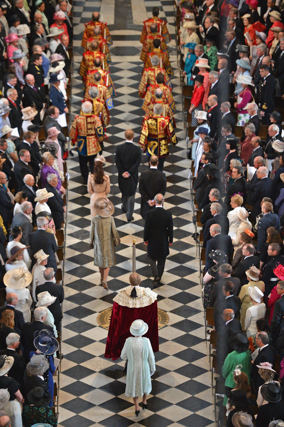 Britain's Queen Elizabeth II, foreground centre, arrives inside St Paul's Cathedral for a service of thanksgiving during Diamond Jubilee celebrations on Tuesday June 5, 2012 in London. (AP Photo/Jeff J Mitchell, Pool)