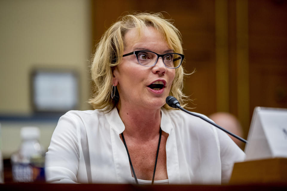 Vicki Porter testifies before a House Oversight subcommittee hearing on lung disease and e-cigarettes on Capitol Hill in Washington, Tuesday, Sept. 24, 2019. (AP Photo/Andrew Harnik)