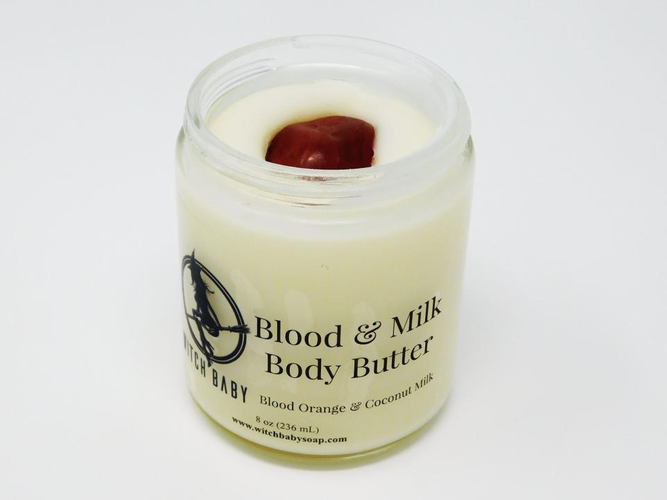 <p><a href="https://www.witchbabysoap.com/products/blood-and-milk-butter" rel="nofollow noopener" target="_blank" data-ylk="slk:Shop Now;elm:context_link;itc:0;sec:content-canvas" class="link ">Shop Now</a></p><p>Blood and Milk Body Butter</p><p>$8.00</p><p>witchbabysoap.com</p>