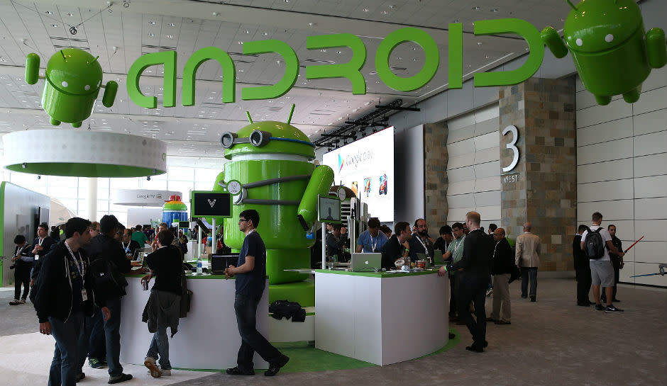 Attendees visiting the Android booth during the Google I/O 2013 conference.