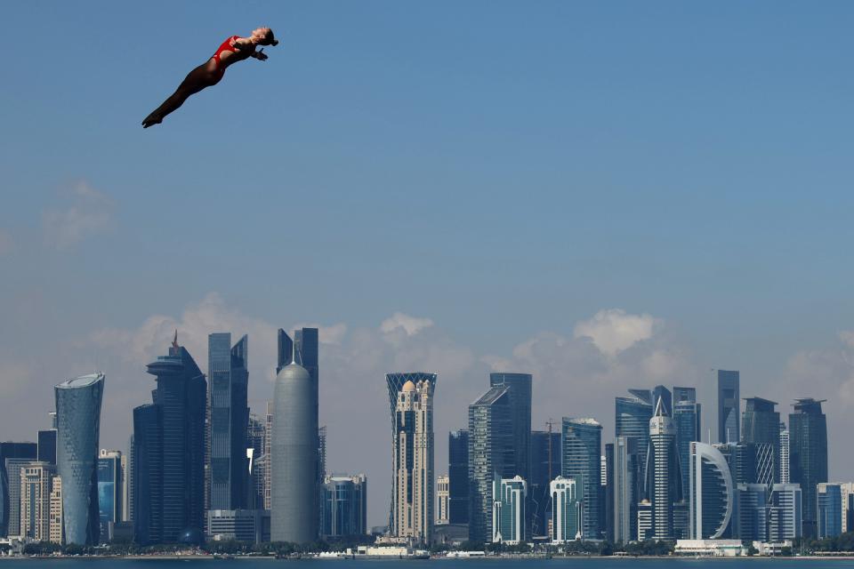 Denmark's Annika Bornebusch competes in the Women's 20m High Dive at the 2024 World Aquatics Championships. (Adam Pretty/Getty Images)