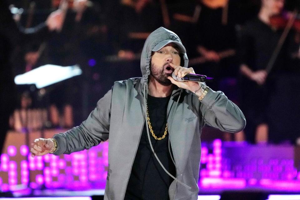 Eminem performs during Live From Detroit: The Concert at Michigan Central on Thursday, June 6, 2024, in Detroit. 