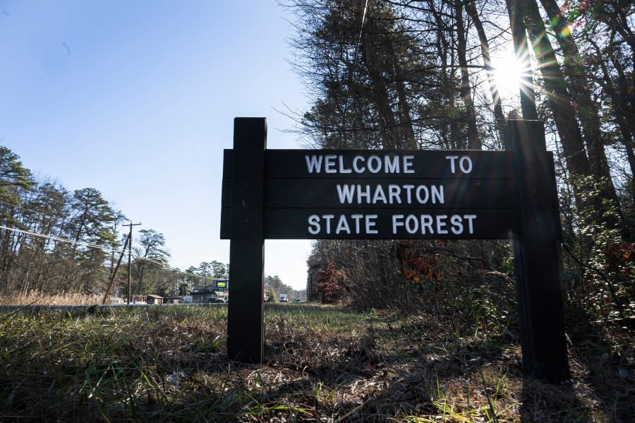 A Wharton State Forest sign stands along side of the road in Washington Township, N.J., Wednesday, Dec. 20, 2023. Investigators are examining the wreckage of a TV news helicopter that crashed in the New Jersey Pinelands, killing the pilot and a photographer on board. WPVI-TV of Philadelphia says a two members of its news team were in the helicopter when it went down Tuesday evening in Wharton State Forest. (Jose F. Moreno/The Philadelphia Inquirer via AP)