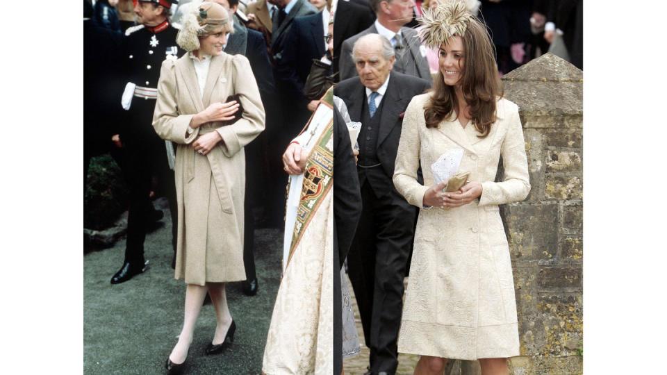 <p>Diana on her first official visit to Wales, in 1981. Kate attends the wedding of Laura Parker Bowles and Harry Lopes in 2006.</p>