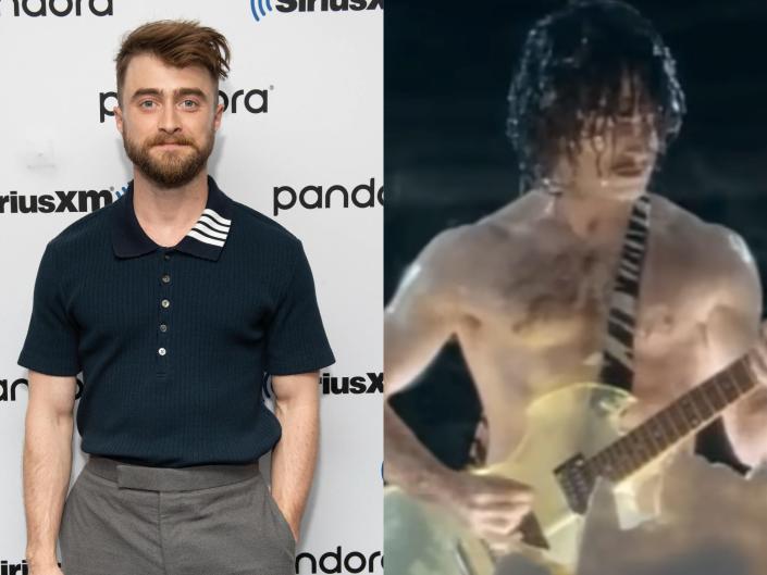 left: daniel radcliffe with a trimmed beard and mustache wearing a navy polo shirt with three stripes on the collar; right: daniel radcliffe as weird al yankovic in his biopic, with dripping, wet long hair, shirtless, and holding a clear guitar