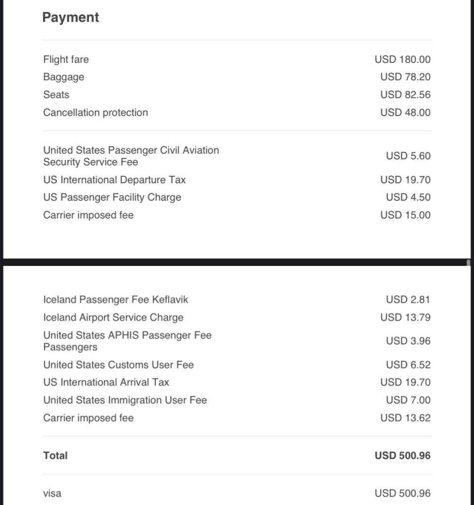 Screenshot of price breakdown of roundtrip PLAY flight Asia London Palomba PLAY Airlines review