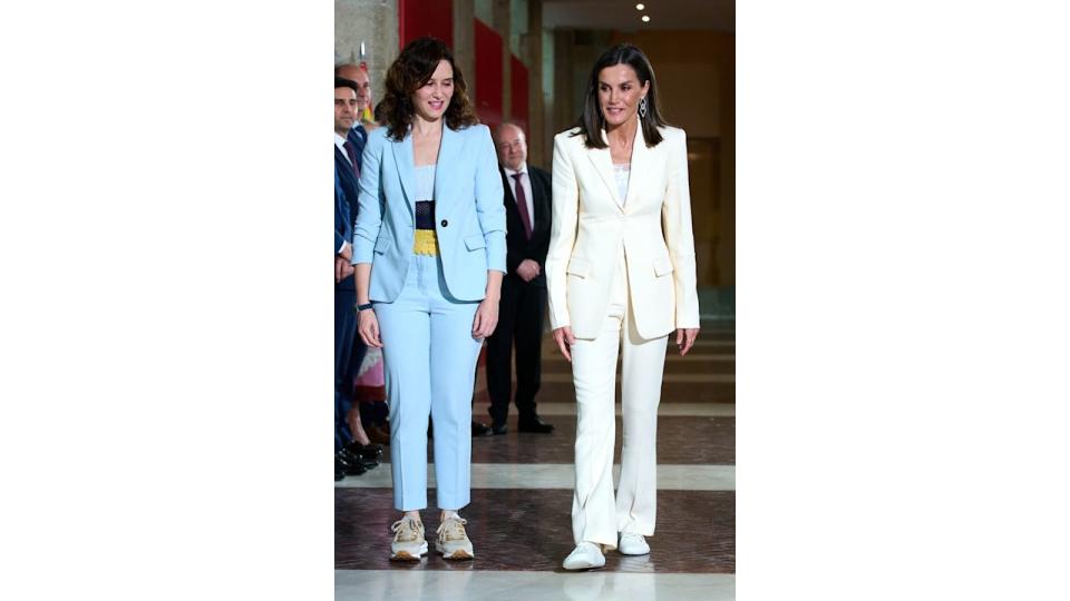 Isabel Diaz Ayuso and Queen Letizia of Spain in suits