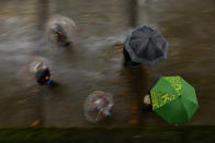 Pedestrian keep save a distance while sheltering from the rain under umbrellas, during an autumn day, in Pamplona, northern Spain, Saturday, Oct. 3, 2020. (AP Photo/Alvaro Barrientos)