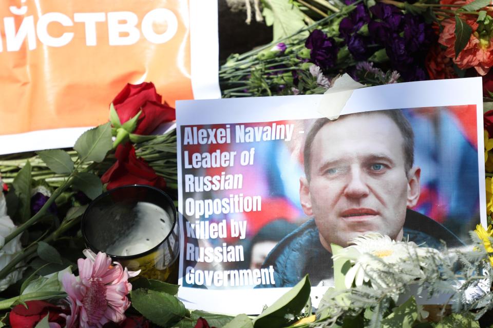 Sydney, Australia. 18th February 2024. Flowers were left at Raoul Wallenberg Garden in Woollahra by Svoboda Alliance in memory of Russian opposition leader Alexei Navalny who died under mysterious circumstances and is suspected by many to have been murdered under the orders of Putin. Credit: Richard Milnes/Alamy Live News