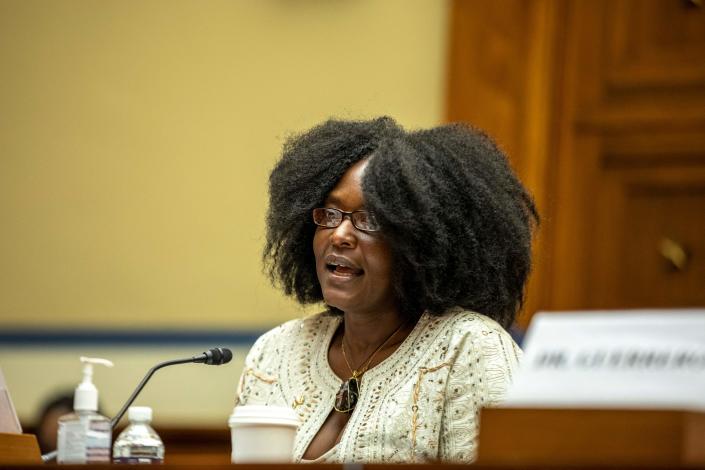 Zeneta Everhart, whose son Zaire Goodman, 20, survived being shot in the neck during a gunman's attack on a supermarket in Buffalo, N.Y., testifies on Capitol Hill on June 8.