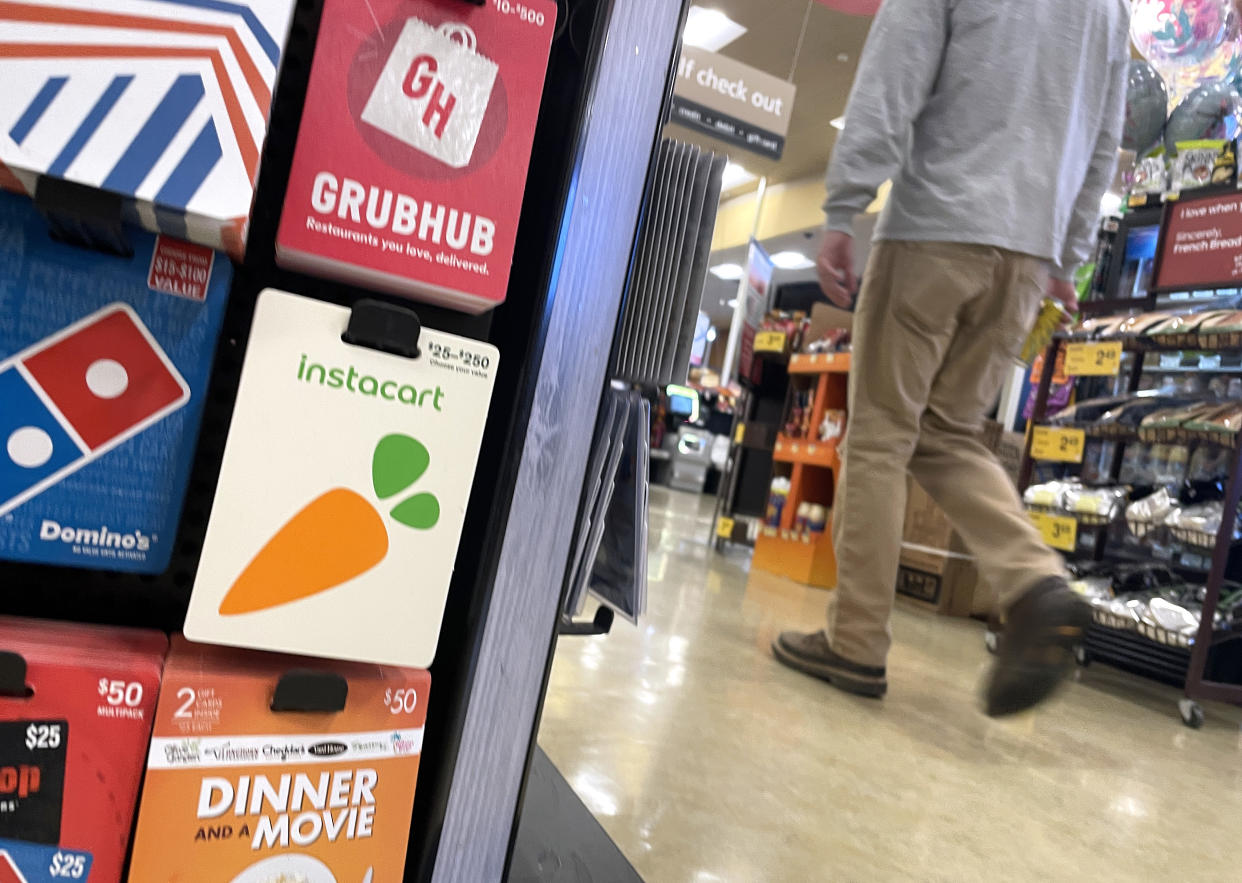 SAN ANSELMO, CALIFORNIA - AUGUST 28: Instacart gift cards are displayed at a Safeway store on August 28, 2023 in San Anselmo, California. Grocery delivery company Instacart filed for its initial public offering on Friday with hopes to start trading on the Nasdaq by next month. (Photo by Justin Sullivan/Getty Images)