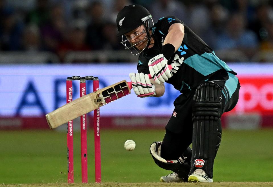 New Zealand's Tim Seifert plays a shot during the fourth T20 international cricket match between England and New Zealand at Trent Bridge in Nottingham, central England, on Sept. 5, 2023.
