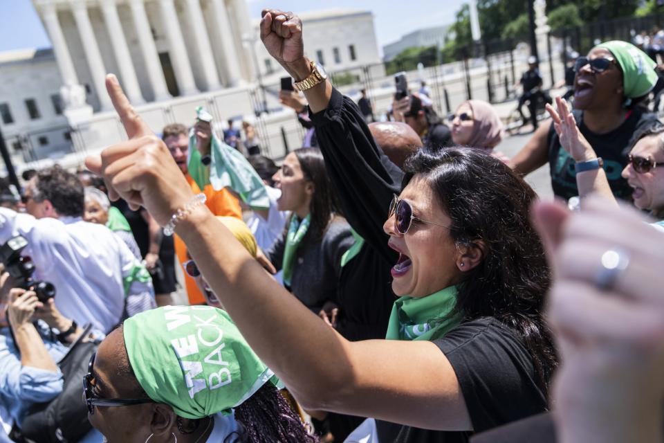 UNITED STATES - JULY 19: Rep. Rashida Tlaib, D-Mich., attends a sit-it outside of the Supreme Court with members of Congress to protest the decision to overturn Roe v. Wade on Tuesday, July 19, 2022. (Tom Williams/CQ Roll Call via AP Images/)