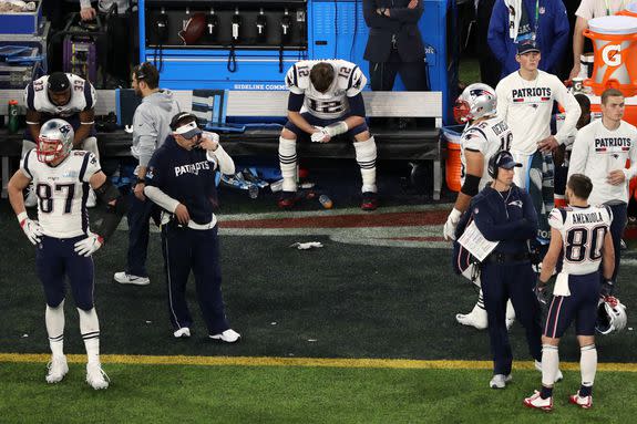 Tom Brady, sad on the bench.