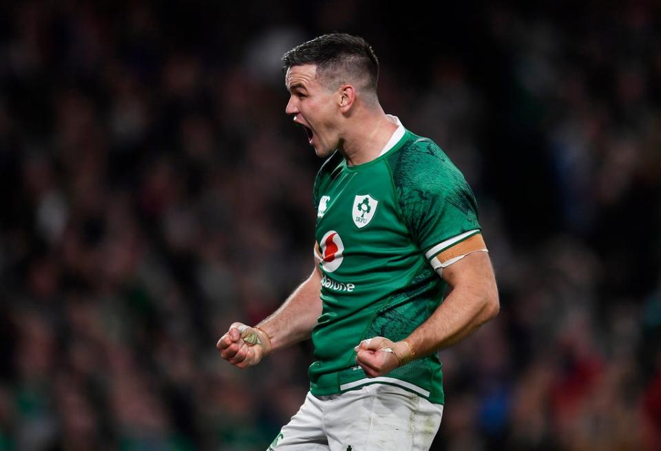 Ireland's Johnny Sexton celebrates his team’s third try (Reuters)