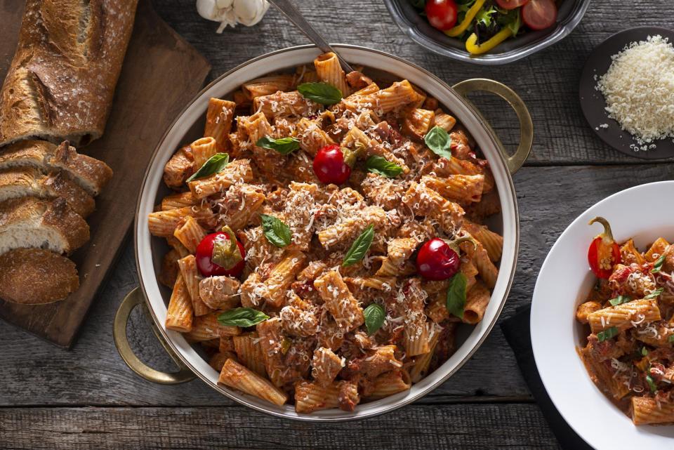 <p>The Utica, New York, area was home to a booming Sicilian population in the early 1900s, and many traditional Italian dishes took on a regional life of their own. Chicken riggies is a <a href="https://www.thedailymeal.com/eat/16-most-delicious-pasta-dishes-ever-slideshow?referrer=yahoo&category=beauty_food&include_utm=1&utm_medium=referral&utm_source=yahoo&utm_campaign=feed" rel="nofollow noopener" target="_blank" data-ylk="slk:pasta dish;elm:context_link;itc:0;sec:content-canvas" class="link ">pasta dish</a> made with chicken, rigatoni pasta and hot or sweet peppers in a spicy and creamy tomato-based sauce.</p>