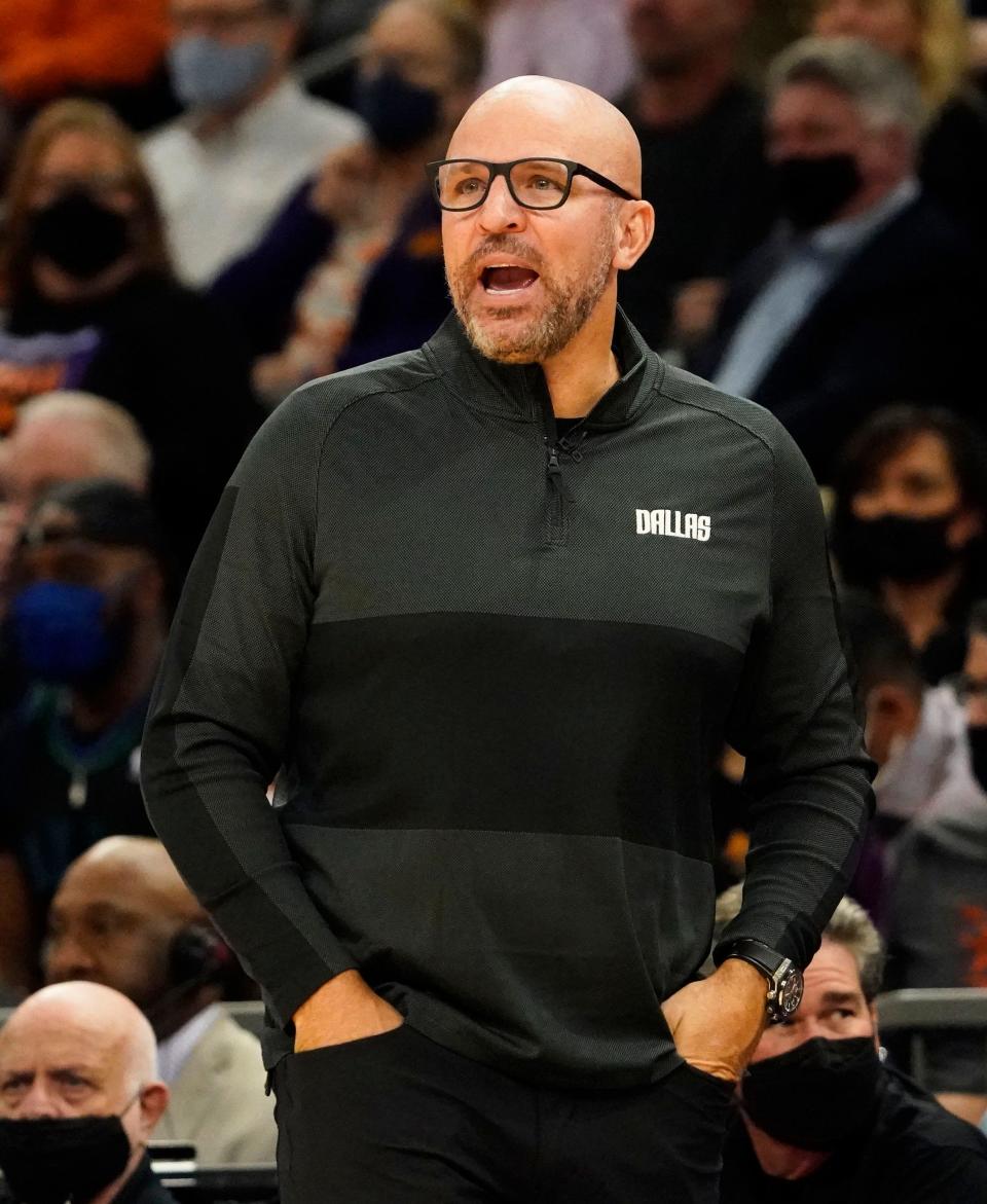 Nov 17, 2021; Phoenix, Arizona, USA; Dallas Mavericks head coach Jason Kidd reacts during action against the Phoenix Suns at Footprint Center. Mandatory Credit: Rob Schumacher-Arizona Republic