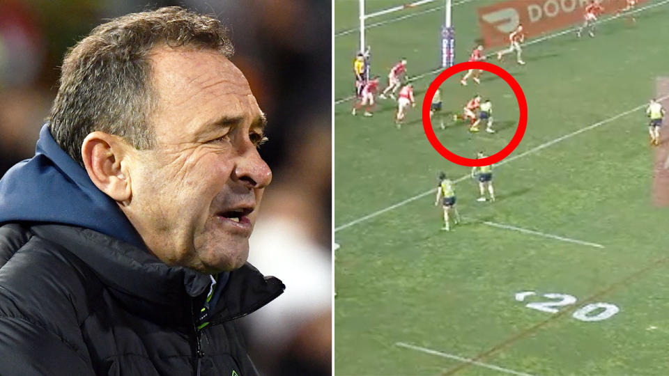 Pictured left is Canberra coach Ricky Stuart and the controversial end to the match against the Dragons. 