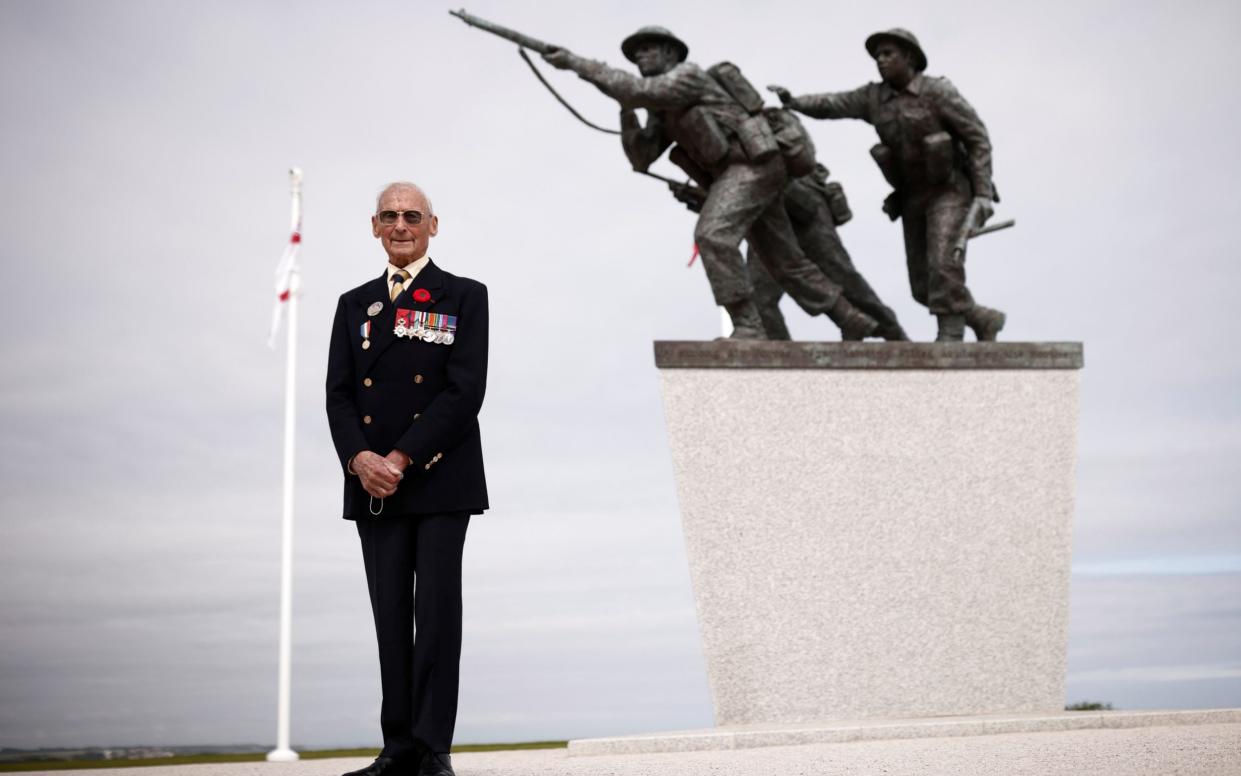 Veteran David Mulchreest, 97, poses before the official opening ceremony of the memorial on the 77th anniversary of D-Day on June 06, 2021 in Ver-sur-Mer, Normandy - Getty Images Europe