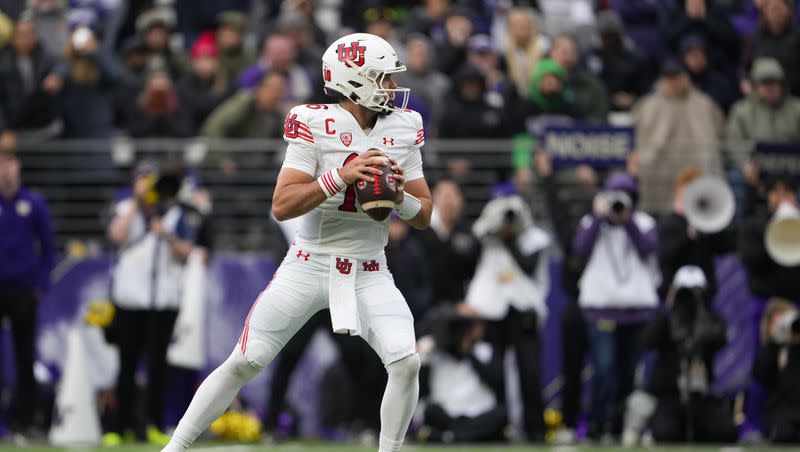 Utah quarterback Bryson Barnes looks to pass against Washington during the second half of an NCAA college football game Saturday, Nov. 11, 2023, in Seattle. Washington won 35-28. 