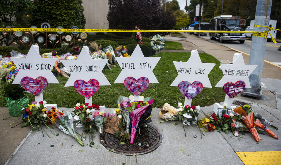 Memorials outside of the Tree of Life Synagogue in Pittsburgh after a shooter killed 11 members there