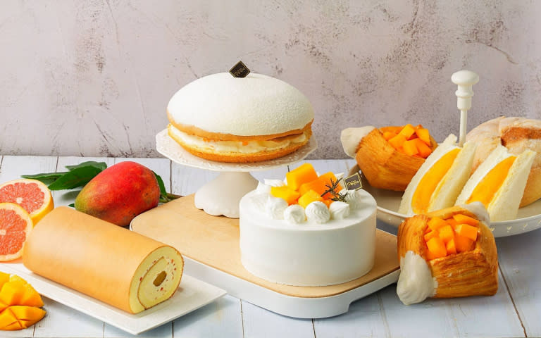 「普諾麵包坊」特選台灣在地小農芒果入餡，推出一系列芒果麵包、蛋糕商品。（圖／普諾麵包坊提供）