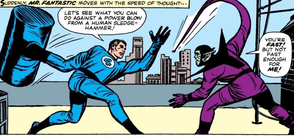 Mister Fantastic fights the Super-Skrull in his first appearance, in 1963's Fantastic Four #18.