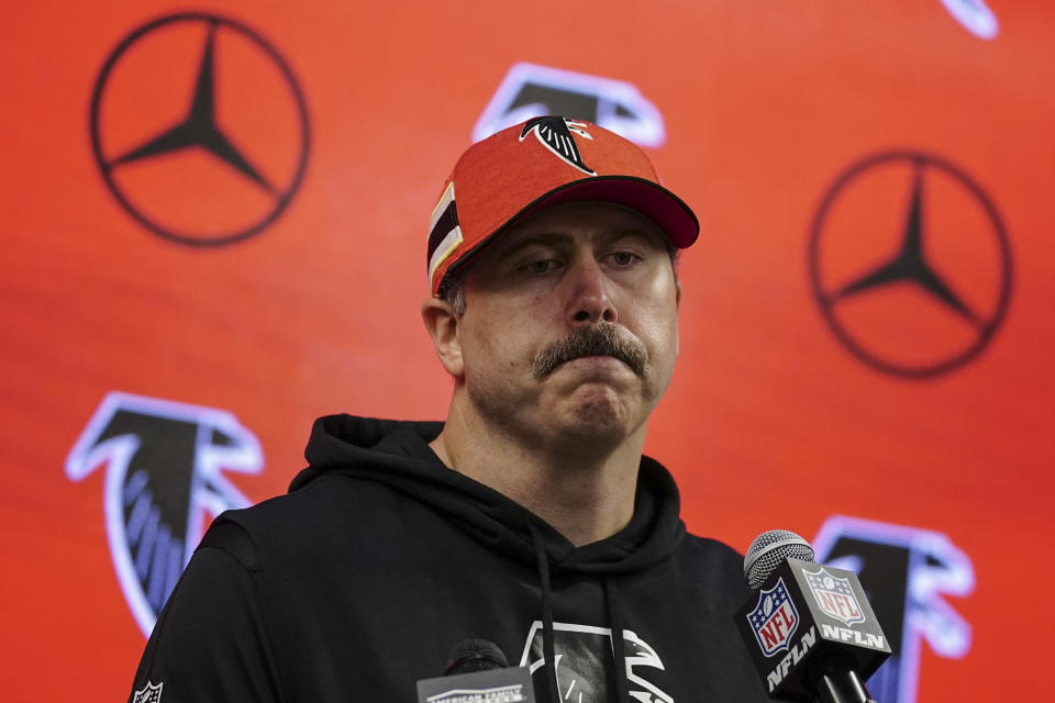 Atlanta Falcons head coach Arthur Smith speaks at a news conference after an NFL football game against the Washington Commanders, Sunday, Oct. 15, 2023, in Atlanta. Washington Commanders won 24-16. (AP Photo/John Bazemore)