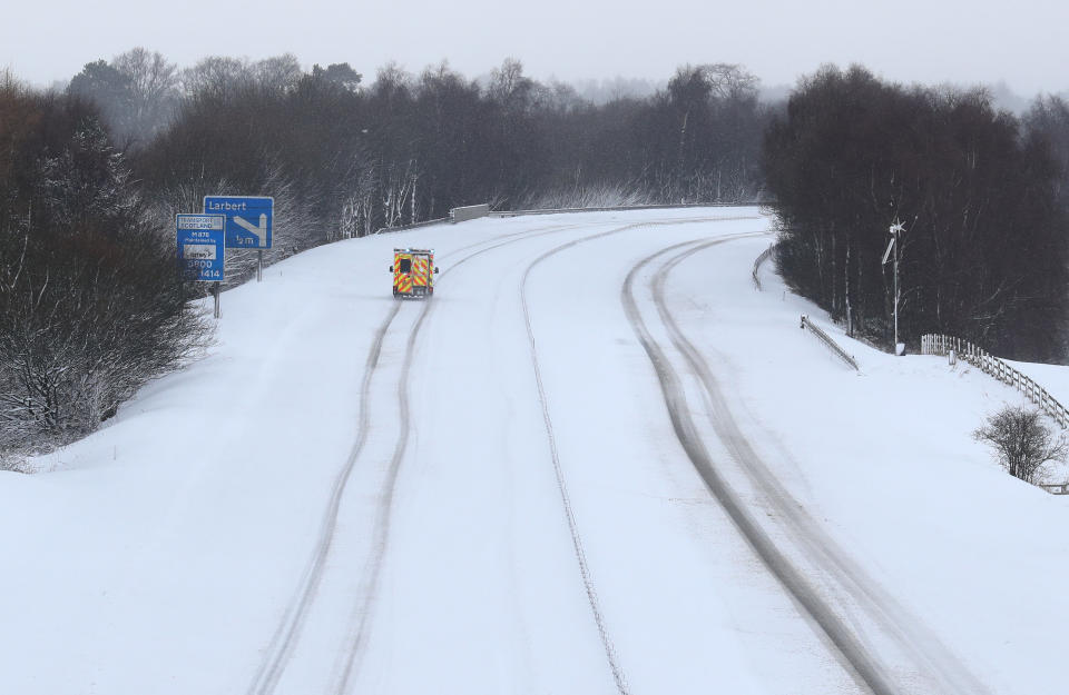 An ambulance on the M876 in snowy conditions, near Falkirk, as storm Emma, rolling in from the Atlantic, looks poised to meet the Beast from the East's chilly Russia air - causing further widespread snowfall and bitter temperatures.