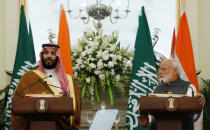 Saudi Arabia's Crown Prince Mohammed bin Salman speaks at a meeting with Prime Minister Narendra Modi as he looks on, at Hyderabad House in New Delhi, February 20, 2019. REUTERS/Adnan Abidi