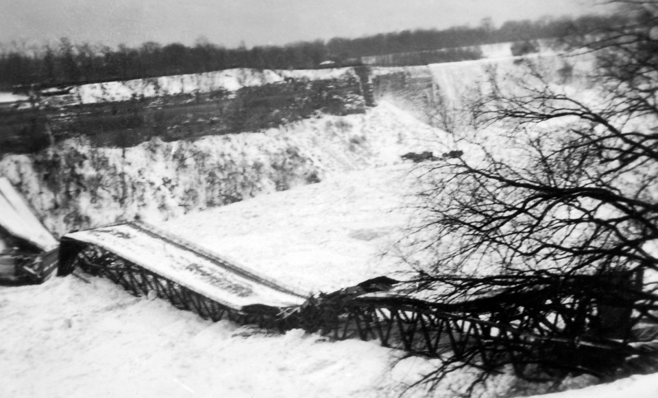 Collapsed bridge on ice jam in Niagara River (view from Canadian side)