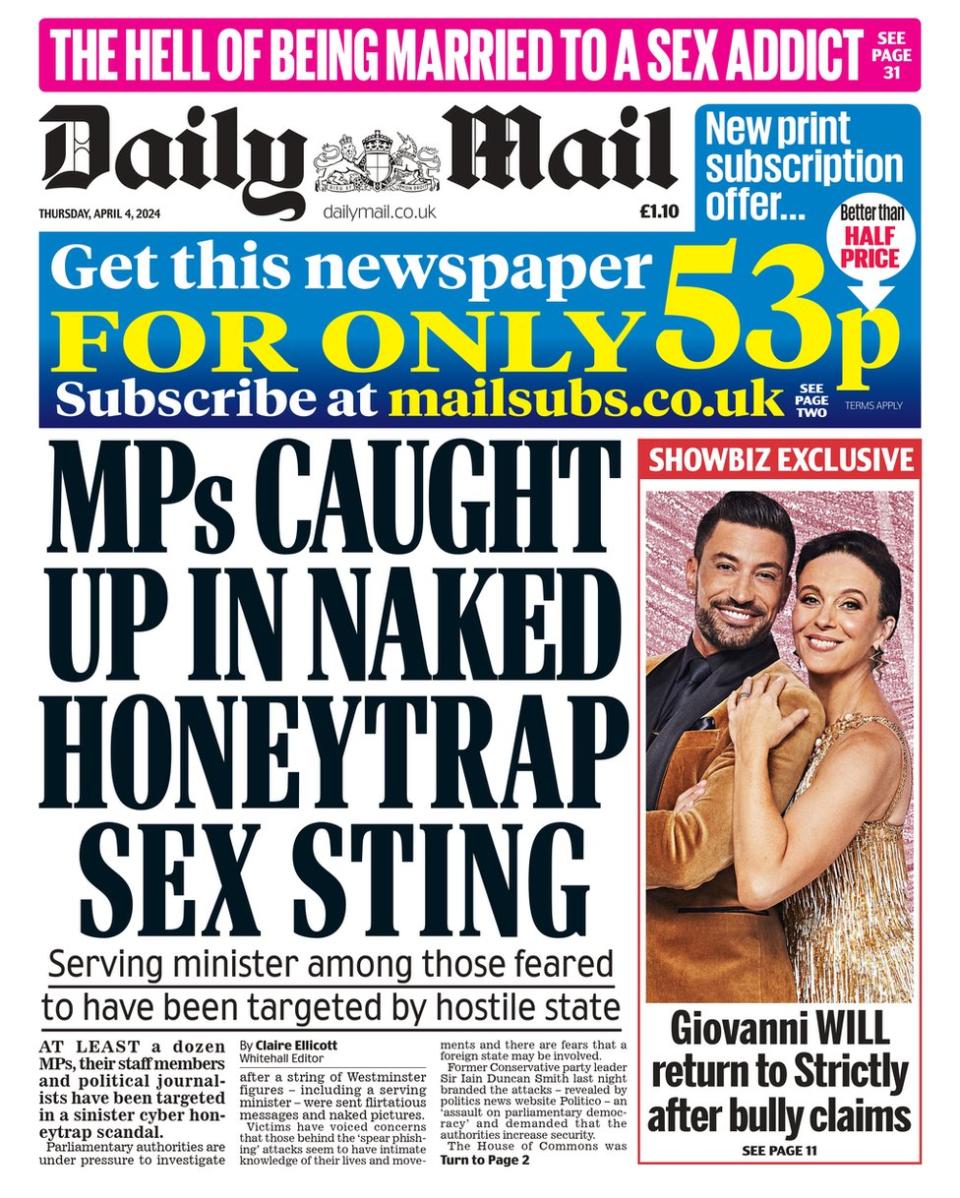 The Daily Mail front page. The headline reads: MPs caught up in naked honeytrap sex sting