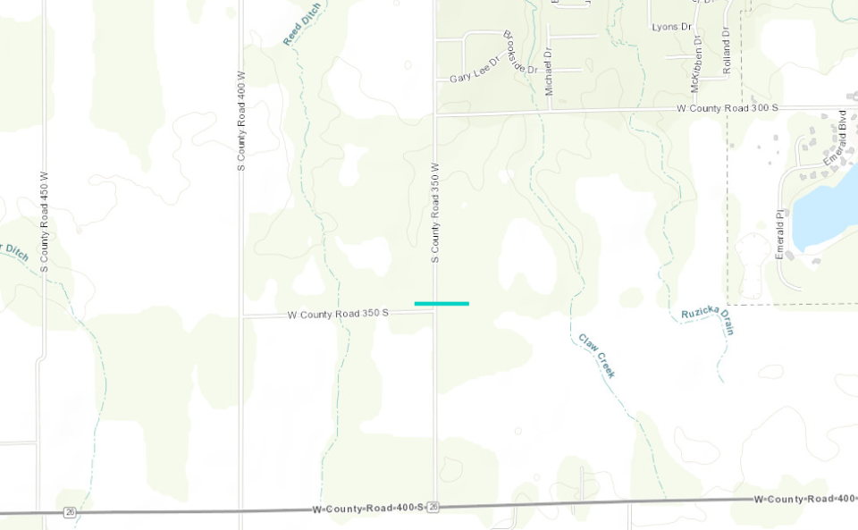 The path of a confirmed tornado during March 31, 2023 storms east of Russiaville.