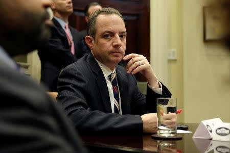 FILE PHOTO: Reince Priebus listens as U.S. President Donald Trump meets with Republican Congressional leaders at the White House in Washington, U.S., June 6, 2017. REUTERS/Joshua Roberts