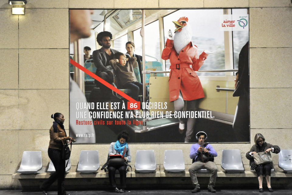 This Sept. 21, 2011 photo provided by Paris subway operator RATP, shows a campaign poster in a Paris subway station. France, a country famed for its arrogant waiters and proud taxi drivers, is finally getting fed up with rudeness. Polling trends show that impoliteness is now topping lists on causes of stress for the French, who lament that people don't say "thank you" anymore. Paris public transport is weighing in, with a summer-long publicity campaign poking fun at gallic incivility. Poster reads: 'At 86 decibels, a private call is not private'. (AP Photo/Bruno Marguerite, RATP)