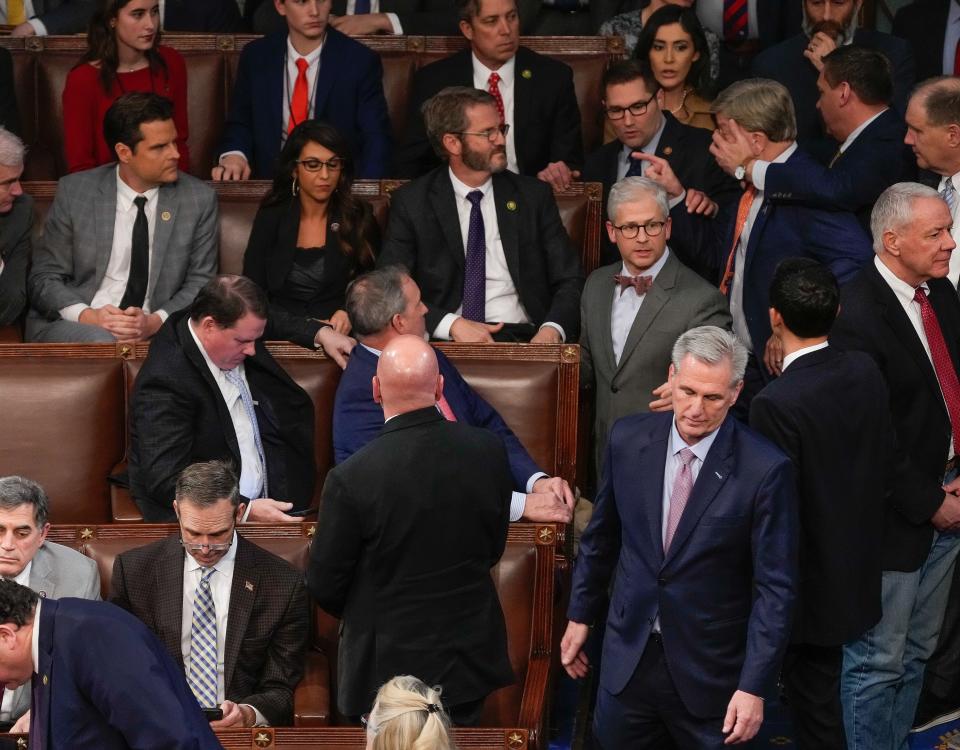 Kevin McCarthy (R-Calif.) walks away from Matt Gaetz (R-Fla.) as an altercation breaks out during a session of the House of Representatives to elect a speaker of the House.