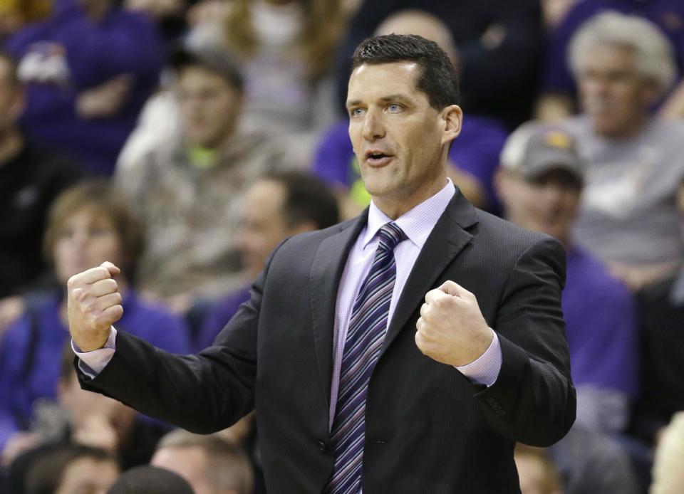 Northern Iowa head coach Ben Jacobson reacts to a call during the first half of an NCAA college basketball game against Wichita State, Saturday, Feb. 8, 2014, in Cedar Falls, Iowa. (AP Photo/Charlie Neibergall)