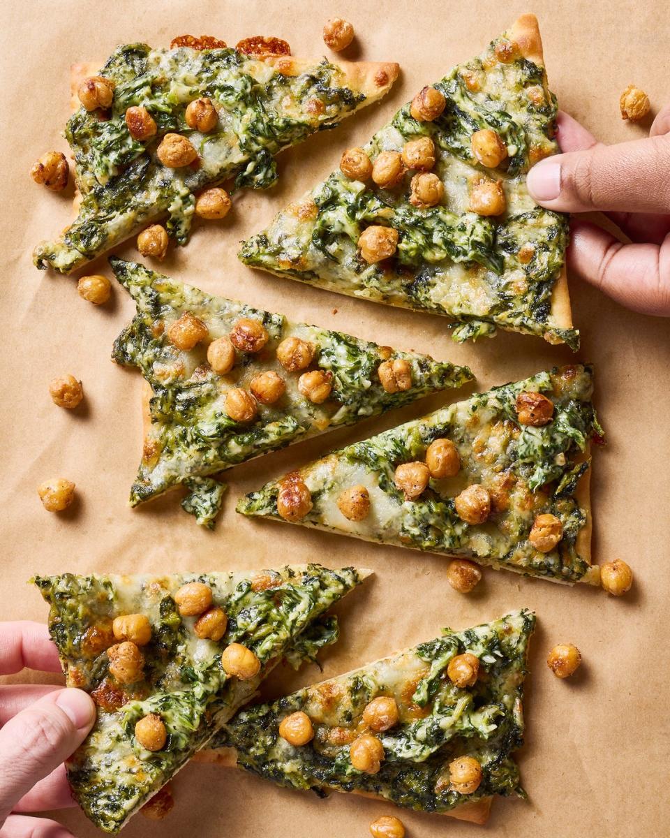 chickpea florentine flatbread with cream, spinach, and parmesan