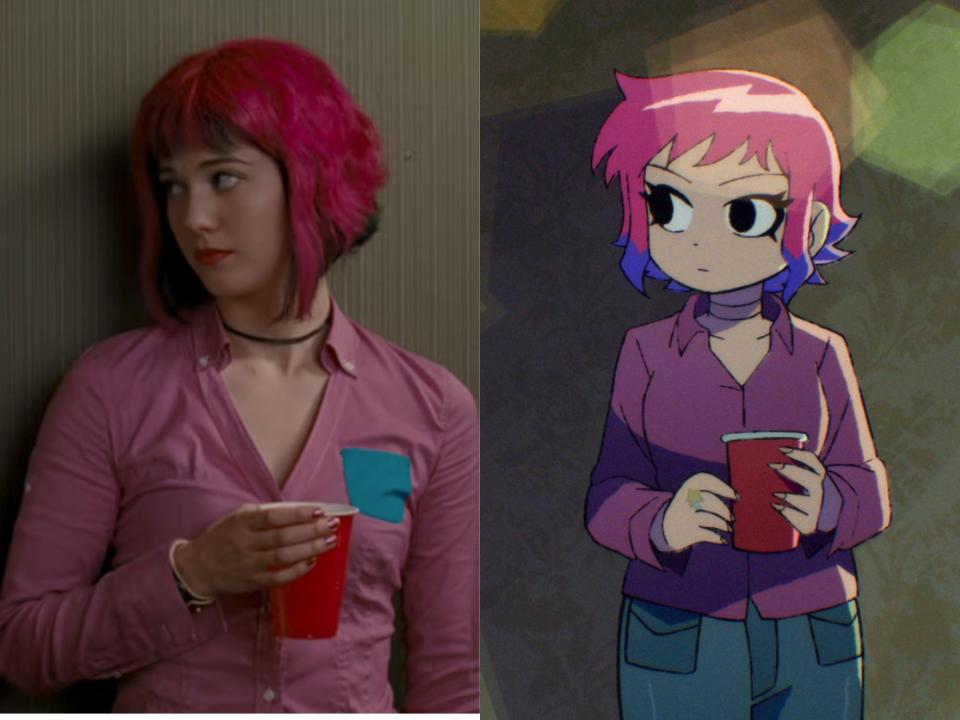 left: mary elizabeth winstead as ramona flowers in the scott pilgrim movie, wearing a pink button up shirt with dyed pink and blue hair and holding a red solo cup; right: ramona flowers in the anime, with a similar shirt, solo cup, and pink and blue hair