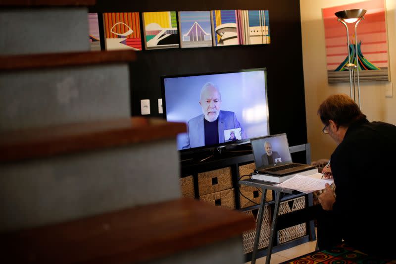 Brazil's former President Luiz Inacio Lula da Silva attends a video conference interview to Reuters