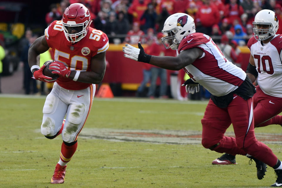 Justin Houston might have a chance at another takeaway against the lowly Raiders in Week 13. (AP Photo/Ed Zurga)